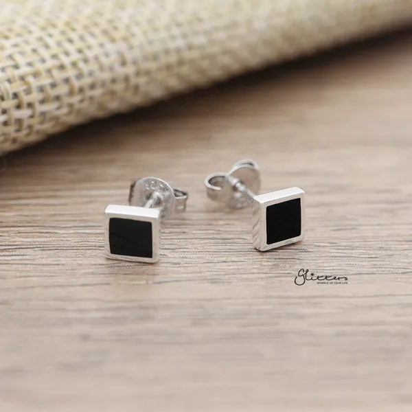 925 Sterling Silver Black Center Square Shape Stud Earrings