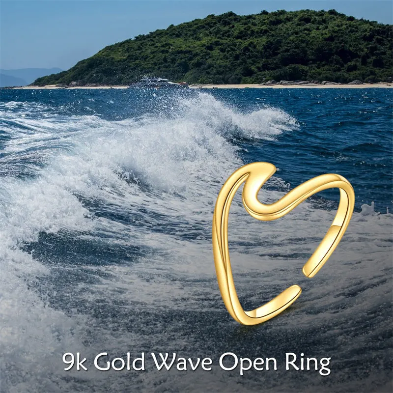 9K Gold Wave Rings Yellow Gold Adjustable Wave Band Ring Fine Gold Free Size Rings Jewelry Gifts for Women Girls