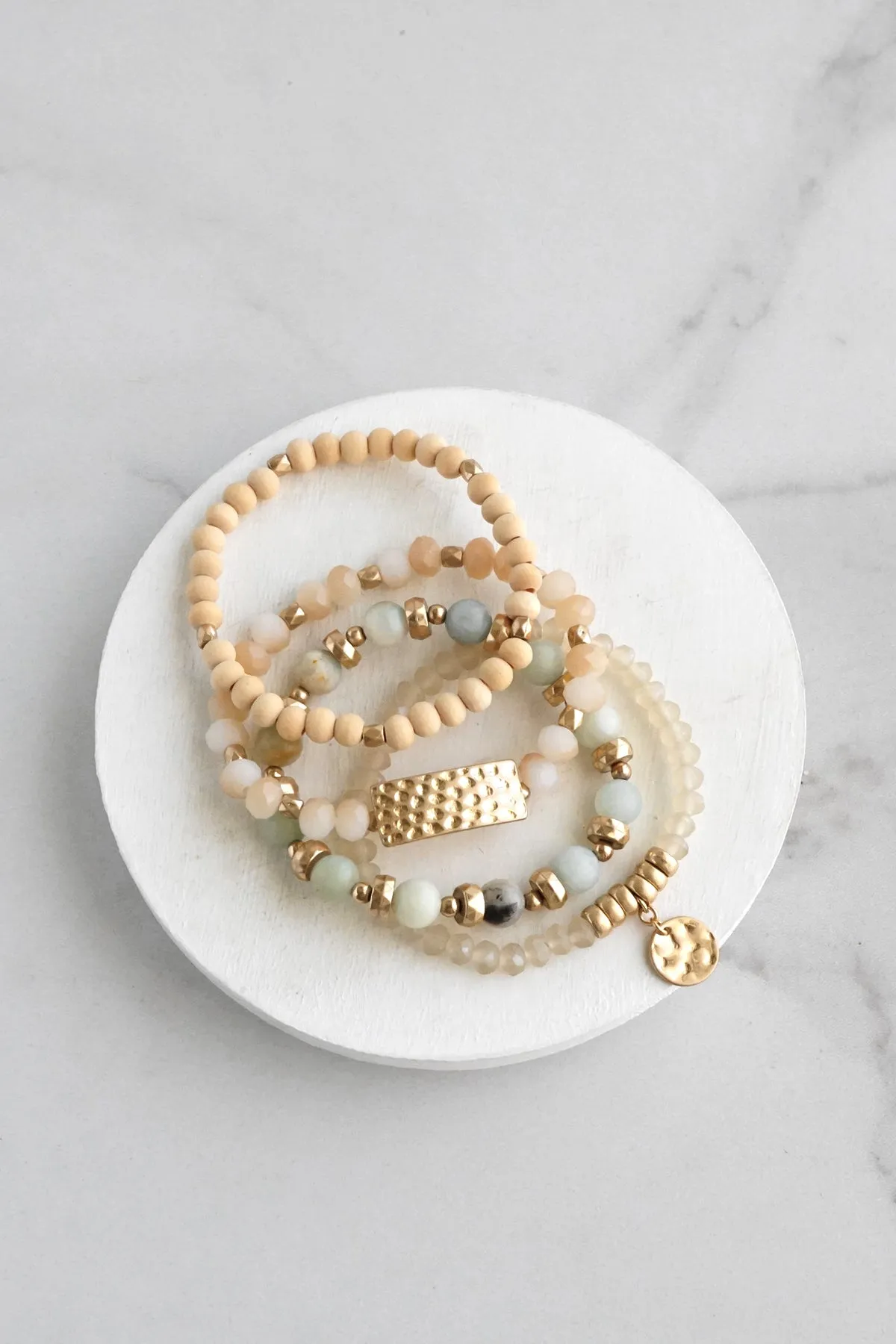 Beaded Bracelets stack of 4 piece with Natural Wood and Semi Precious Amazonite stones glass golden coin