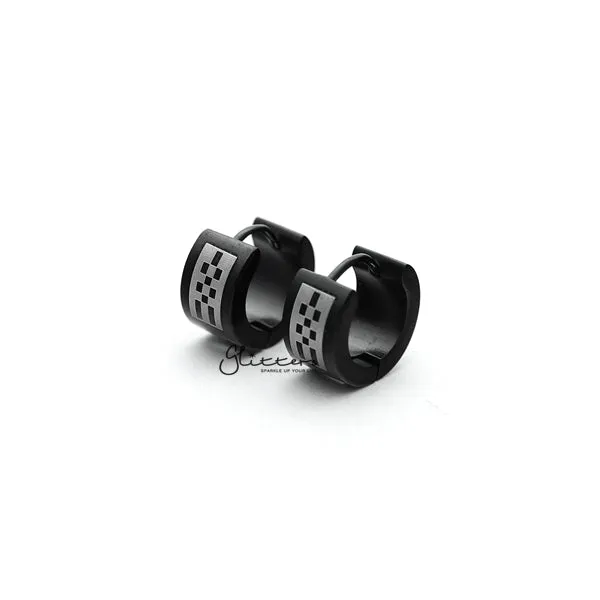 Black Titanium IP Stainless Steel Checkerboard Huggie Hoop Earrings