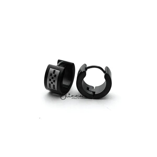 Black Titanium IP Stainless Steel Checkerboard Huggie Hoop Earrings