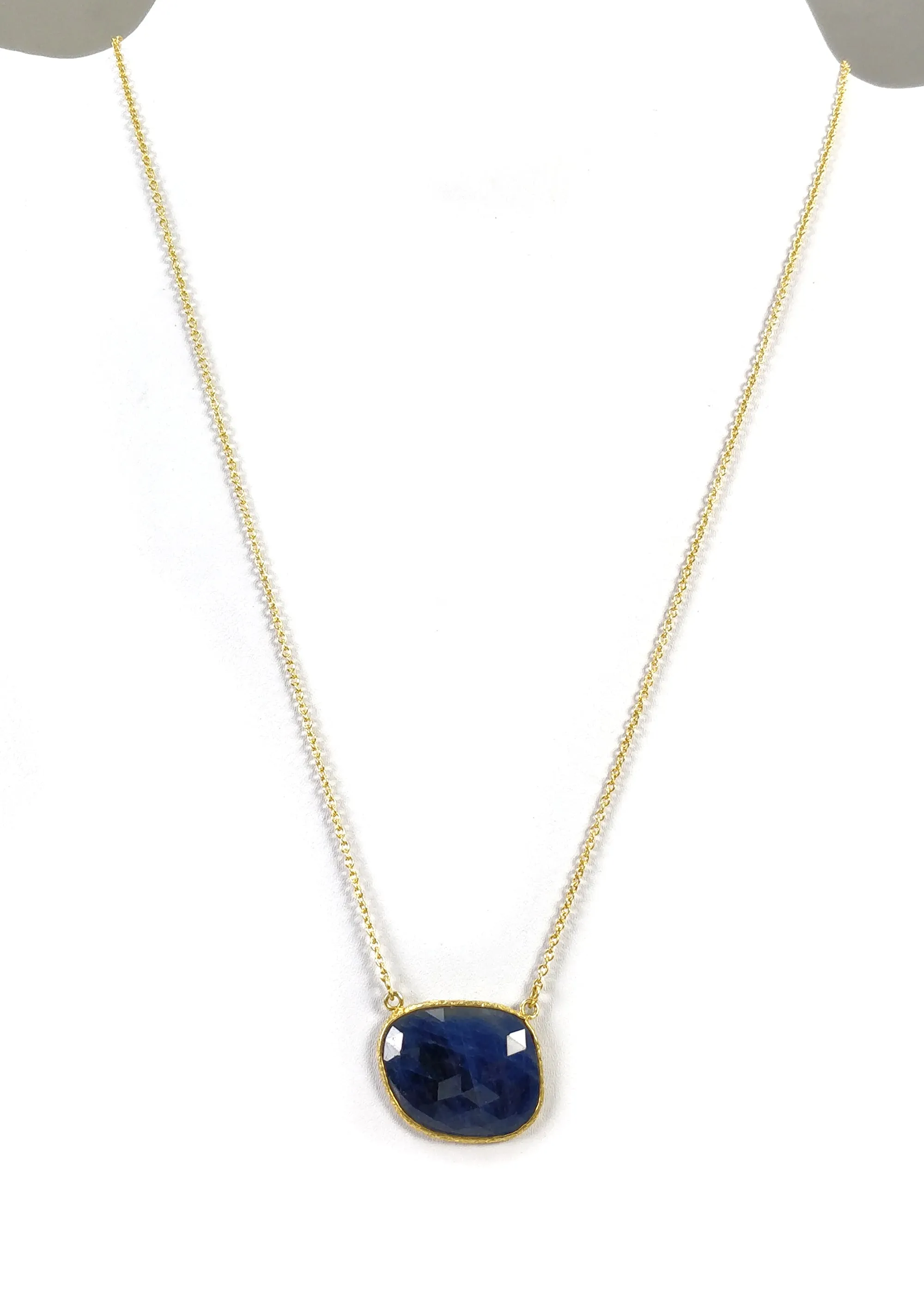 BLUE SAPPHIRE Gemstone Necklace : 18" 925 Sterling Silver Natural Sapphire Gemstone Rose Cut Yellow Gold Plated Chain Necklace For Women
