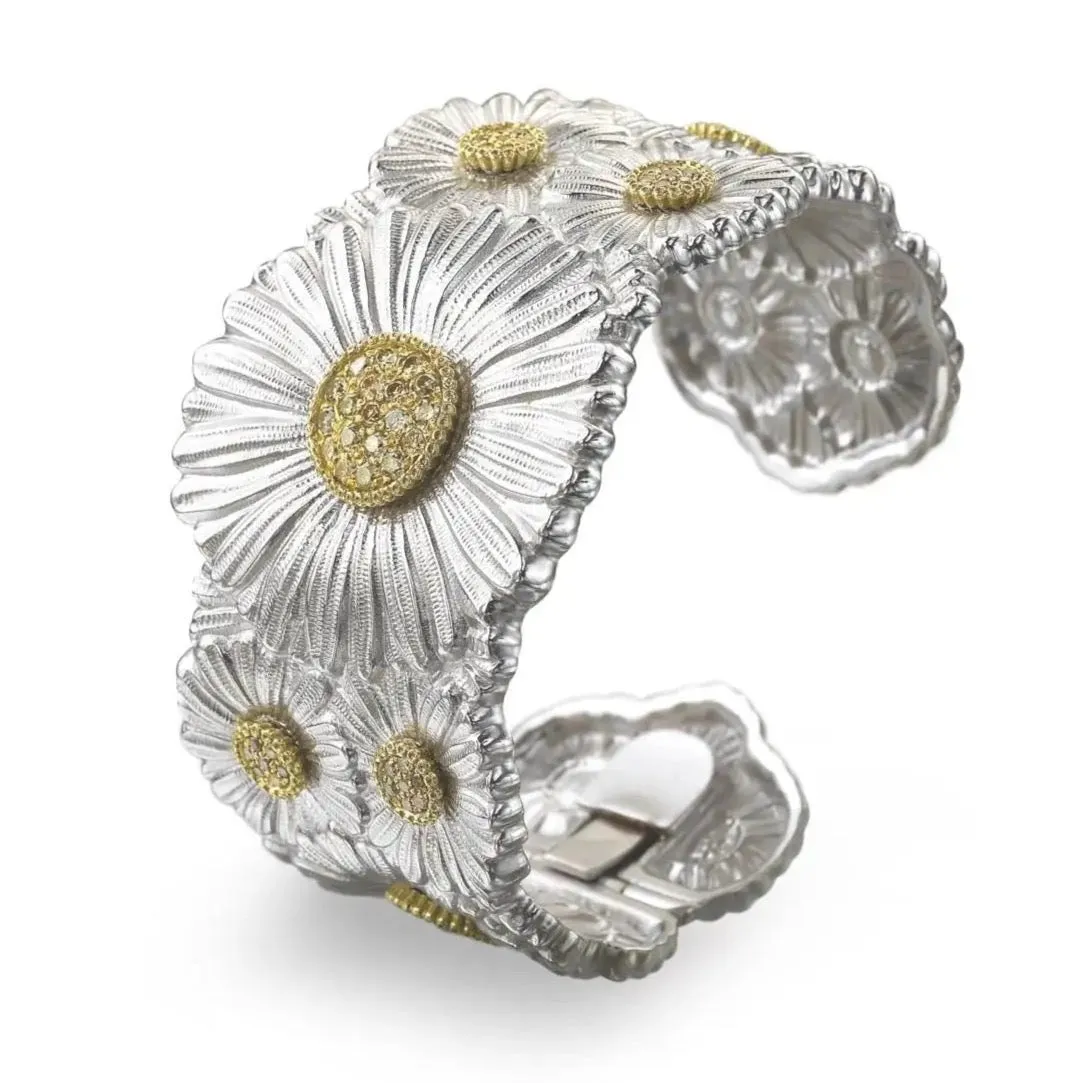 Buccellati - Blossoms Daisy - Cuff Bracelet with Brown Diamonds, Sterling Silver with Gold Accents