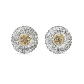 Buccellati - Blossoms Daisy - Small Button Earrings with Brown Diamonds, Sterling Silver with Gold Accents