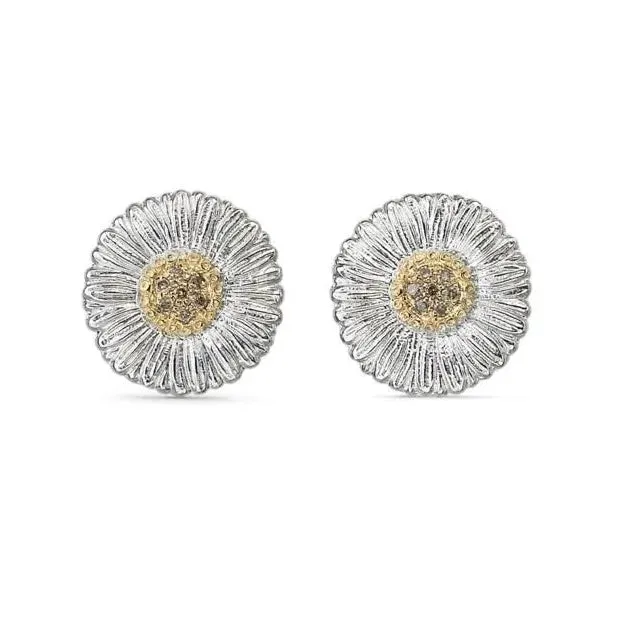 Buccellati - Blossoms Daisy - Small Button Earrings with Brown Diamonds, Sterling Silver with Gold Accents