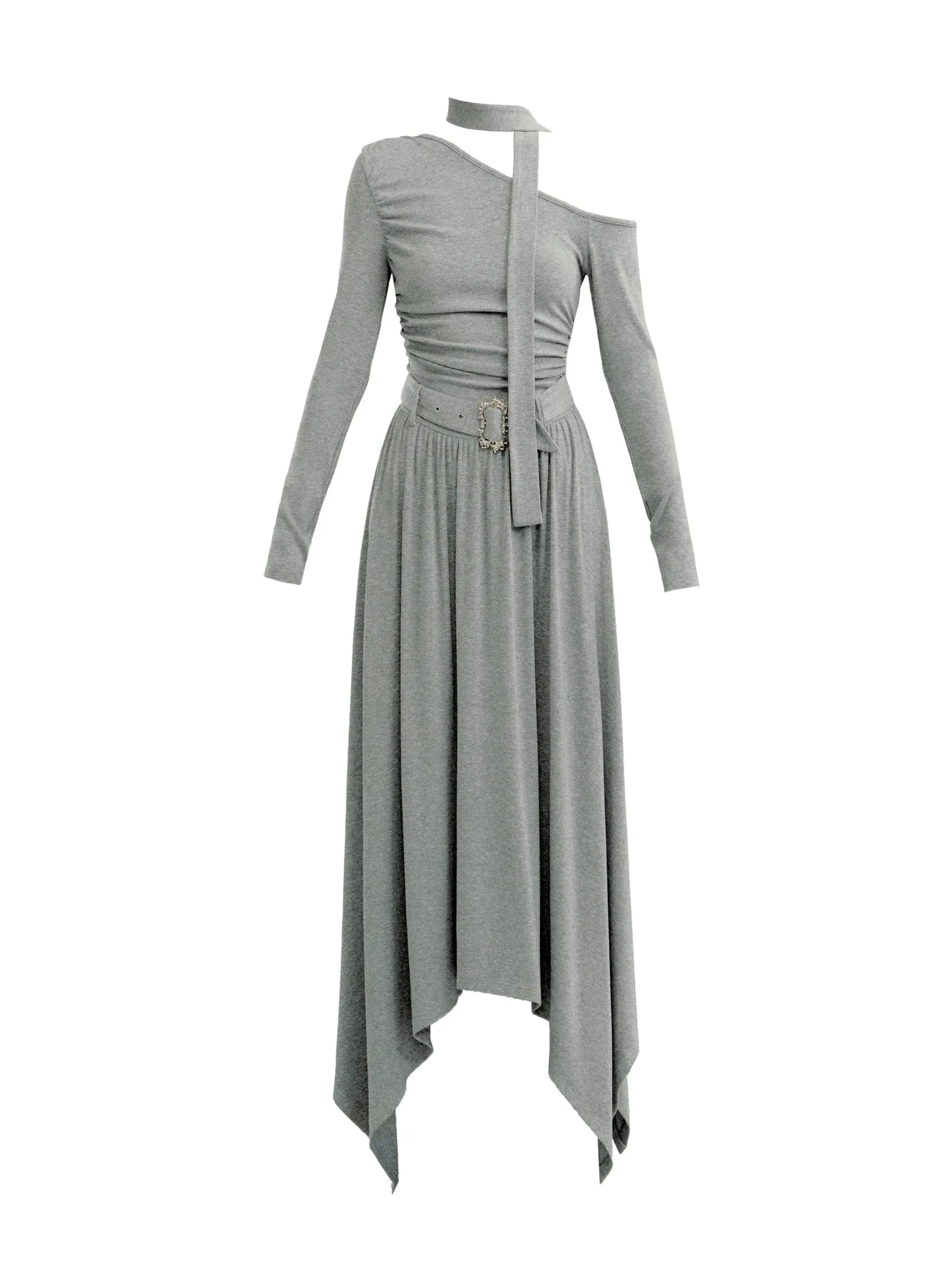 Cold Shoulder Choker Maxi Dress - Grey Gothic Asymmetric Dress