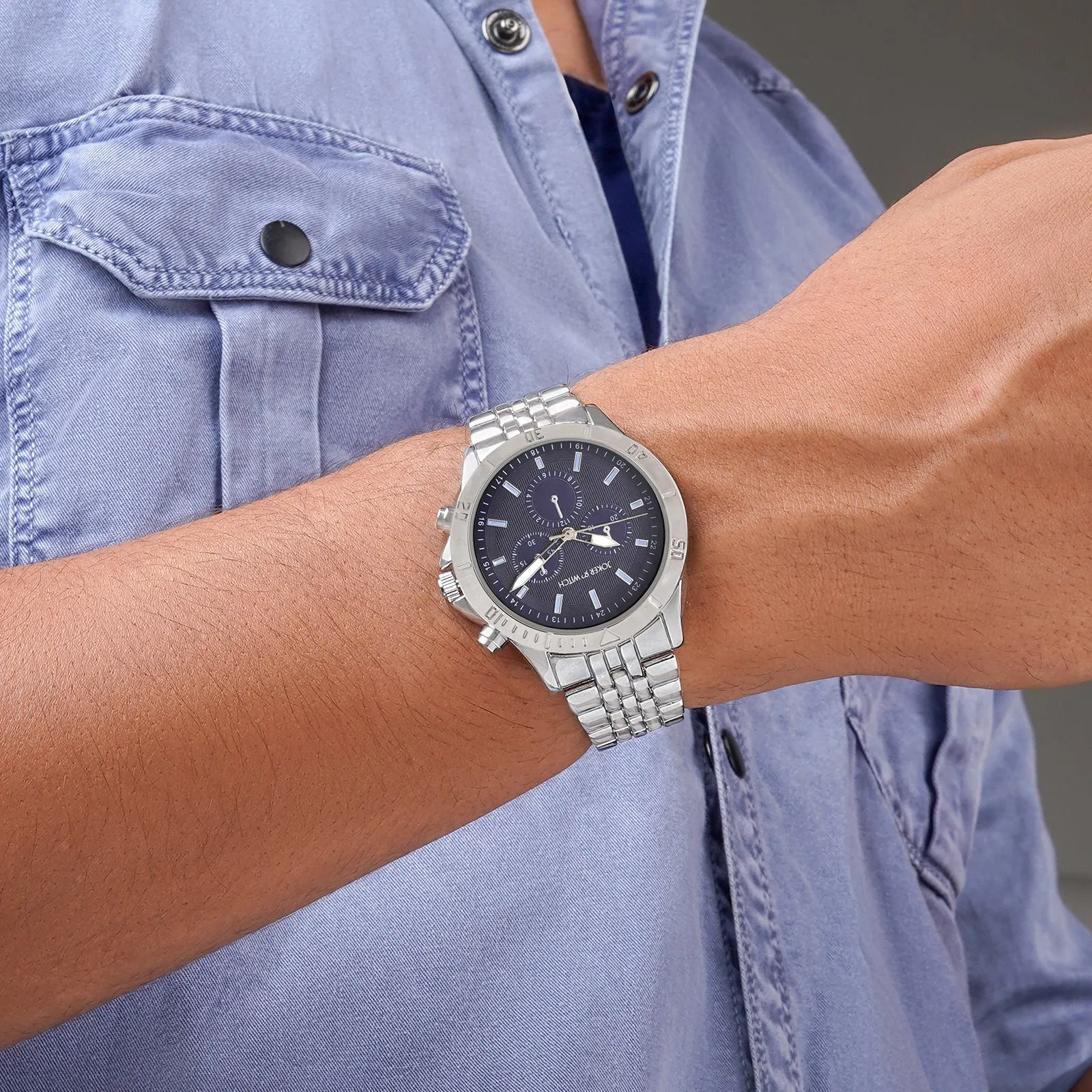 Connery Blue Dial Silver Metallic Strap Watch