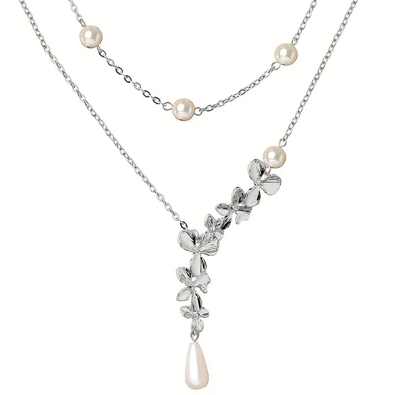 Dainty Necklace Double Layer Design White Flower Shape Match Daily Outfits Summer Vacation Decor For Female Party Accessories
