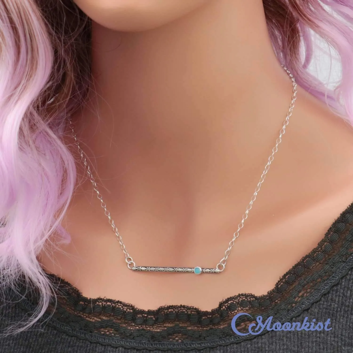 Dainty Silver Blue Gemstone Textured Bar Necklace | Moonkist Designs