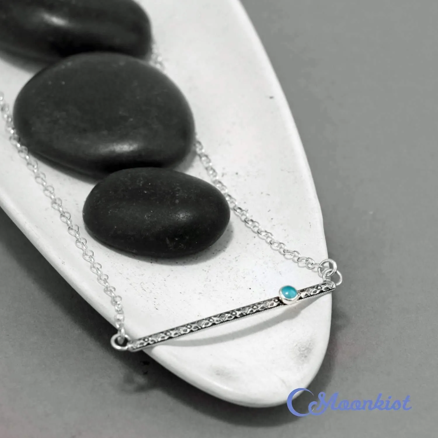 Dainty Silver Blue Gemstone Textured Bar Necklace | Moonkist Designs