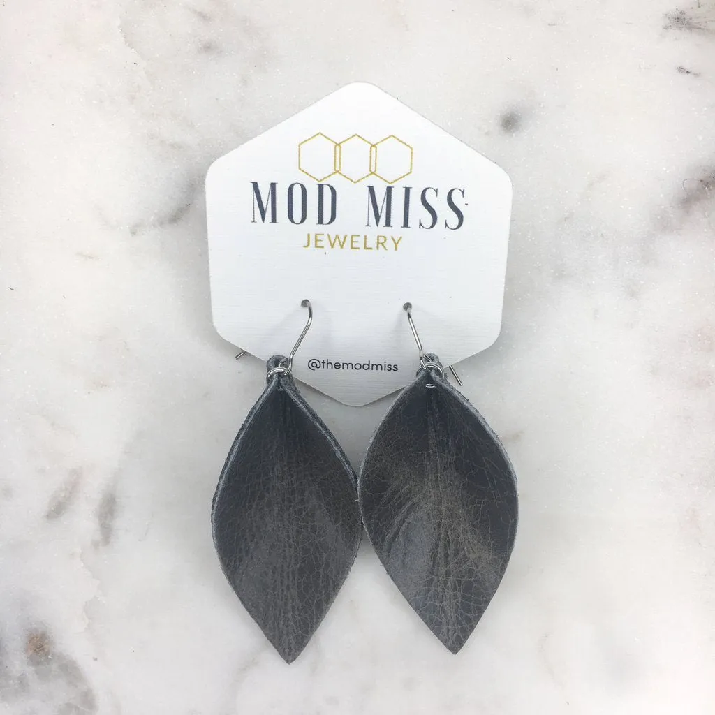 Dumbo Worn Gray Leather Petal Earrings