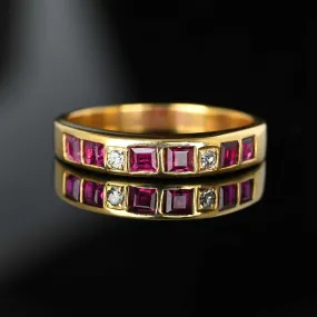 Fine 14K Gold Carré Cut Ruby Diamond Ring Band