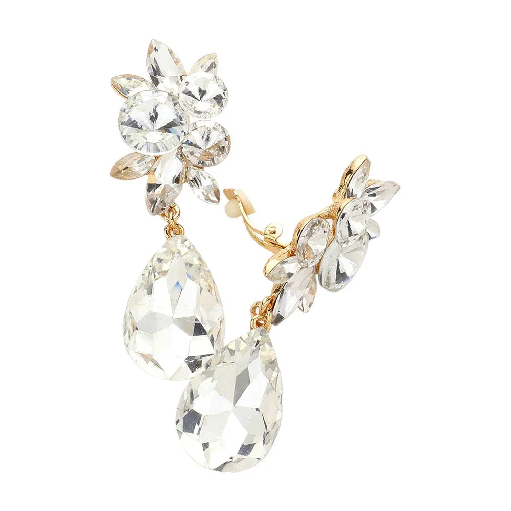 Glass Crystal Teardrop Clip On Earrings