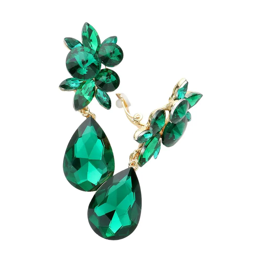 Glass Crystal Teardrop Clip On Earrings