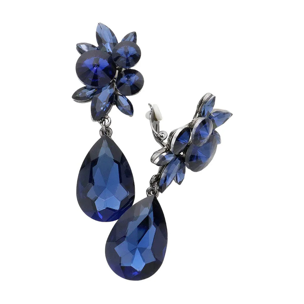 Glass Crystal Teardrop Clip On Earrings