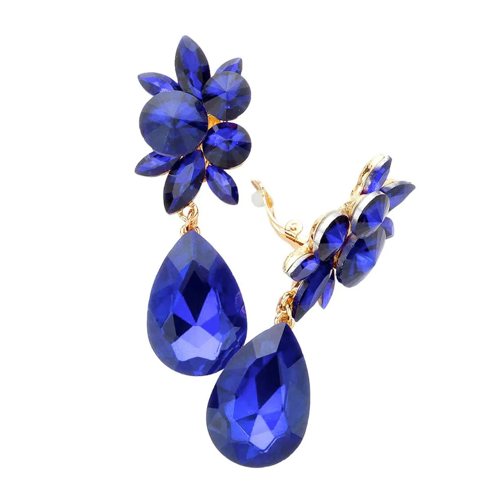 Glass Crystal Teardrop Clip On Earrings