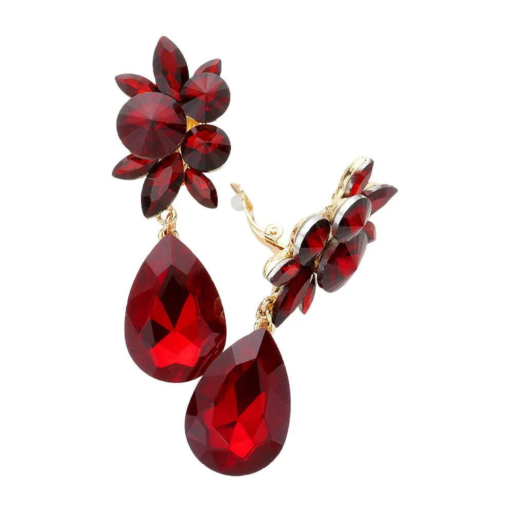 Glass Crystal Teardrop Clip On Earrings