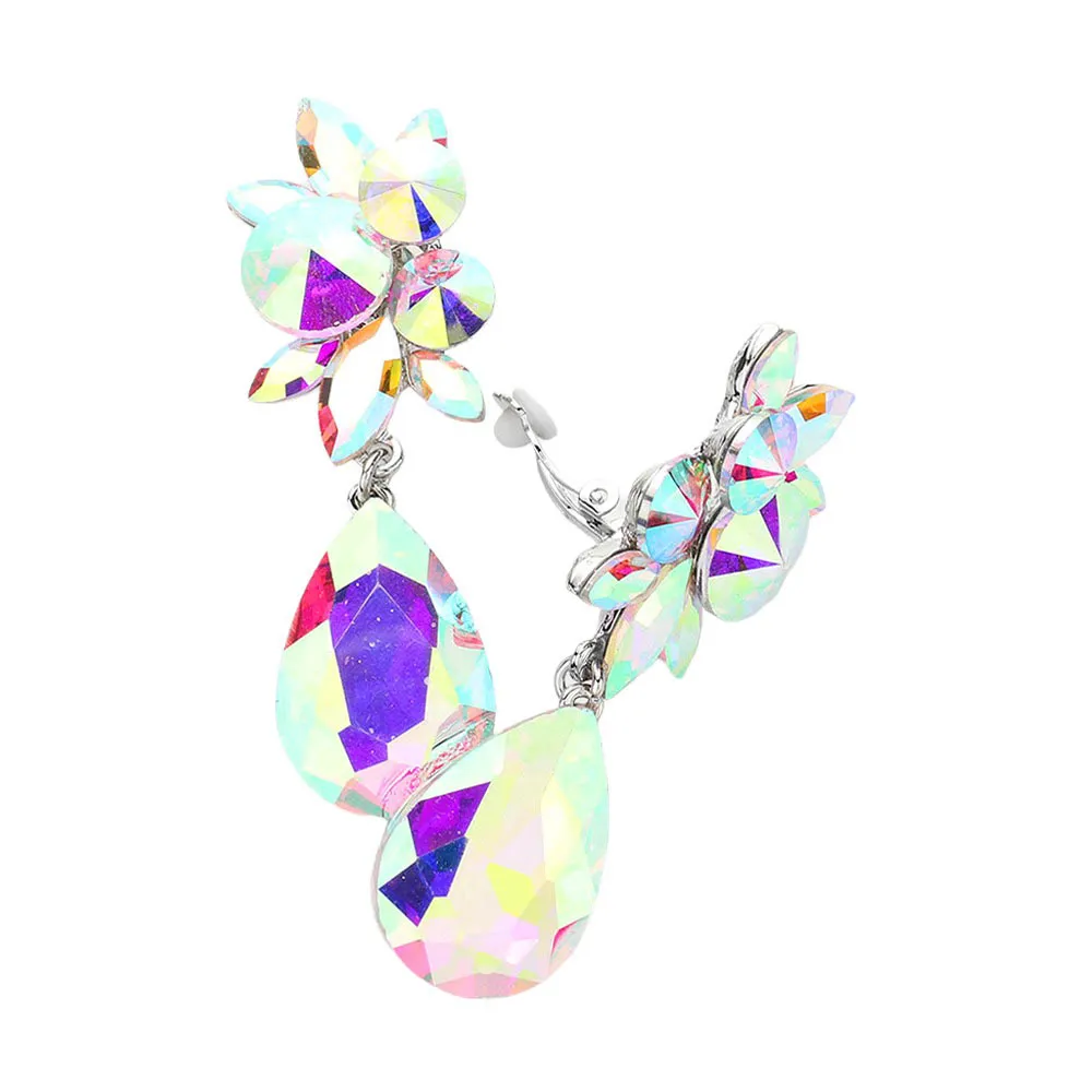 Glass Crystal Teardrop Clip On Earrings