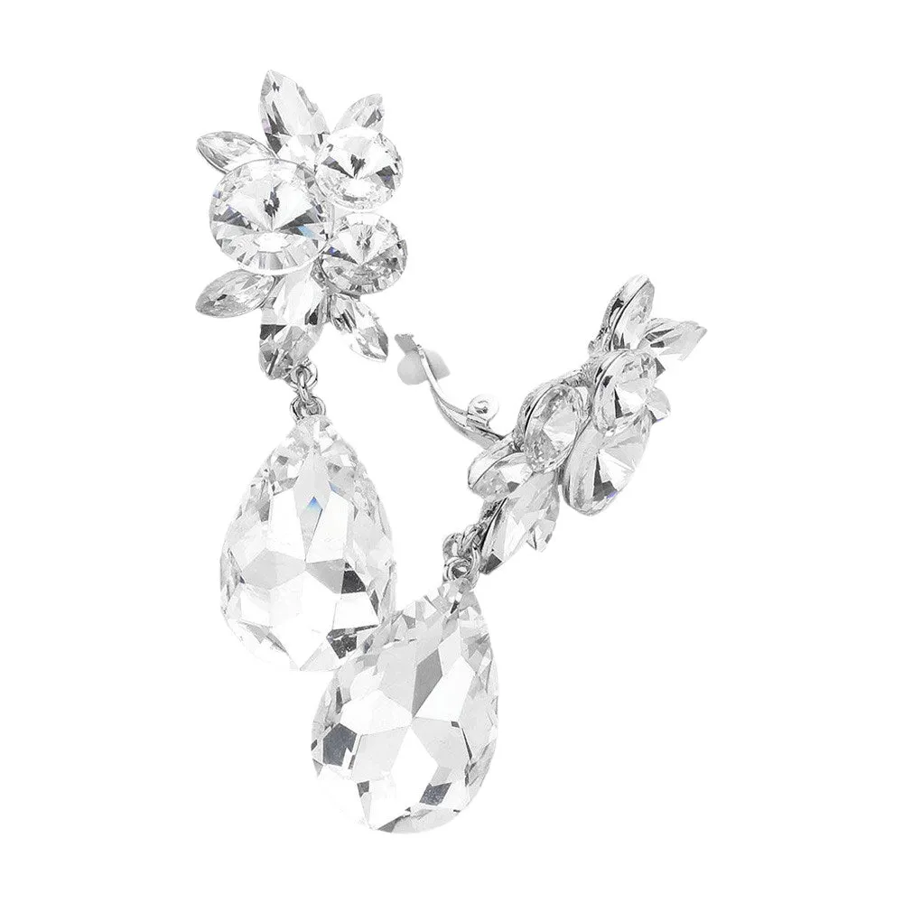 Glass Crystal Teardrop Clip On Earrings