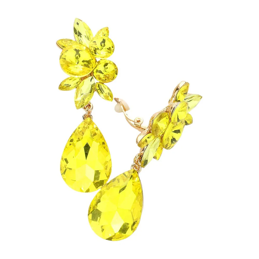 Glass Crystal Teardrop Clip On Earrings