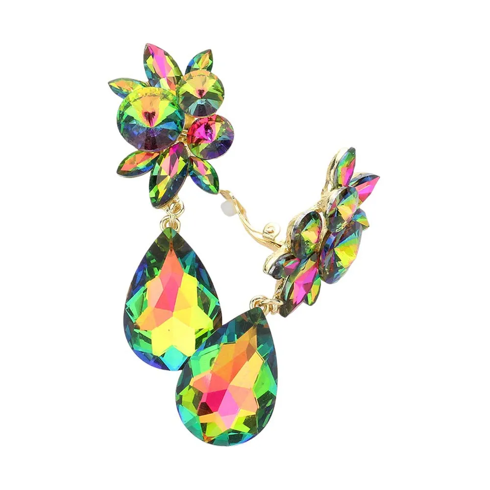 Glass Crystal Teardrop Clip On Earrings