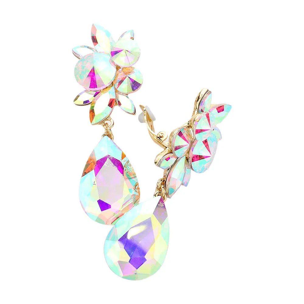 Glass Crystal Teardrop Clip On Earrings
