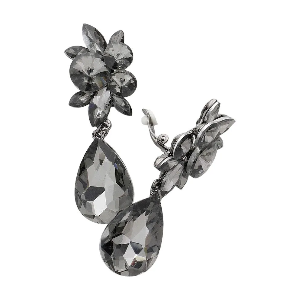 Glass Crystal Teardrop Clip On Earrings