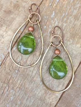 Green teardrop hoop earrings, green glass earrings with copper accents