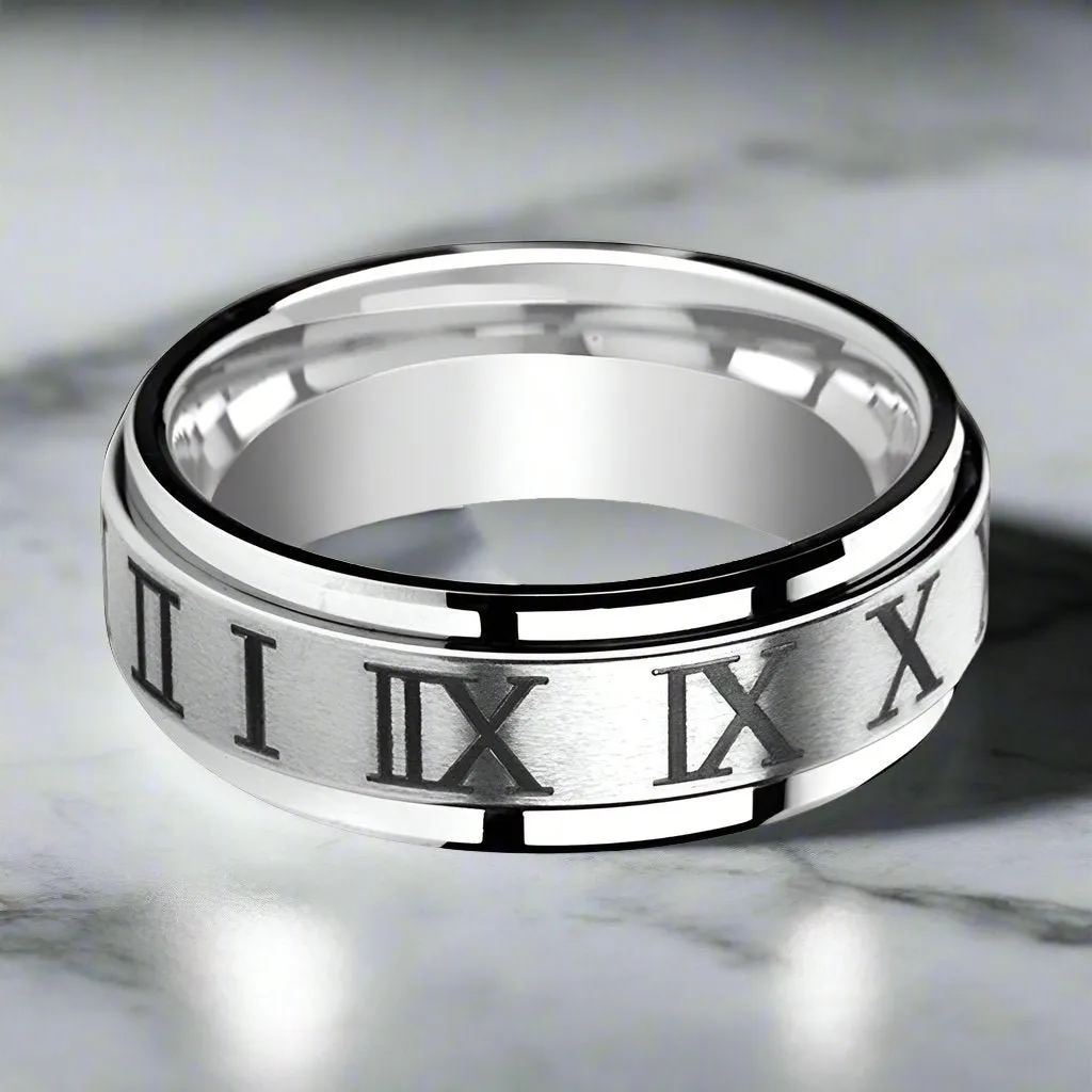 IMPERIUS | Silver Tungsten Ring, Fidget Spinner, Roman Numerals Engraved