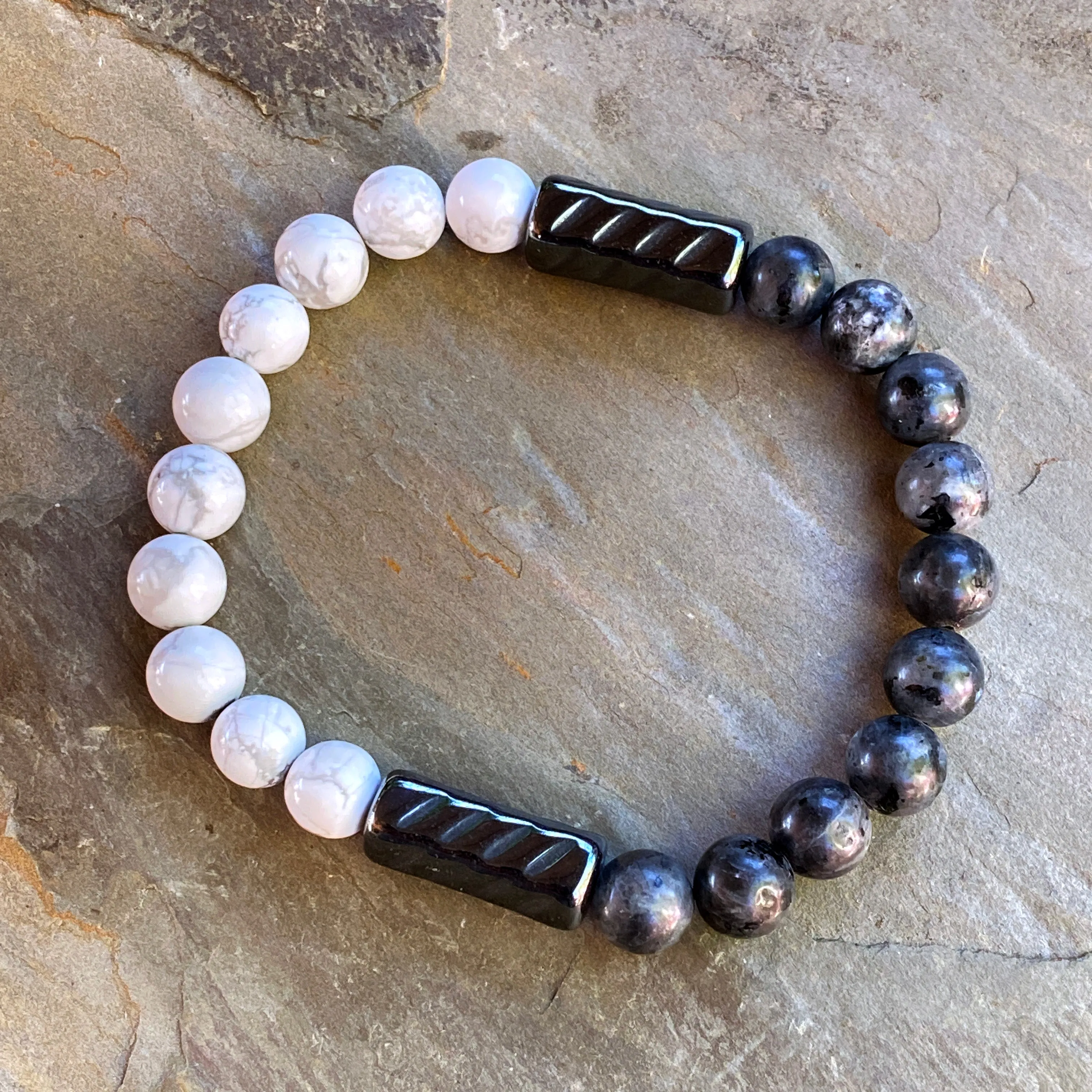 Men’s Black Labradorite, Hematite and Howlite Balance gemstone bracelet