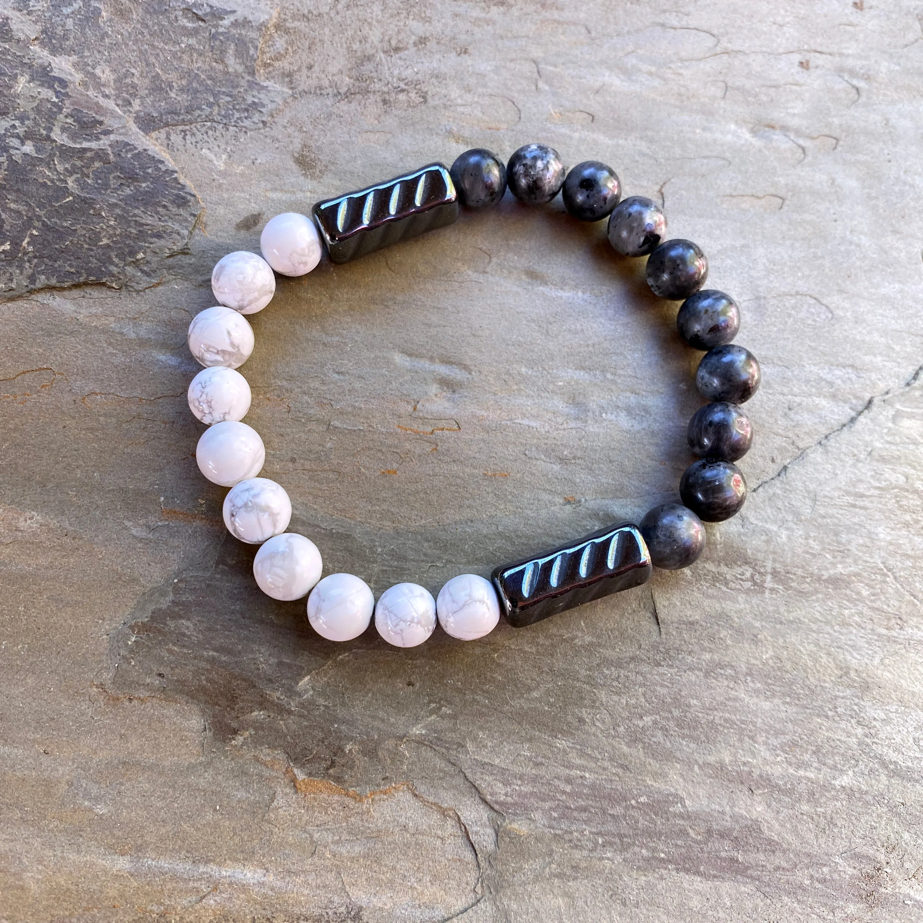 Men’s Black Labradorite, Hematite and Howlite Balance gemstone bracelet
