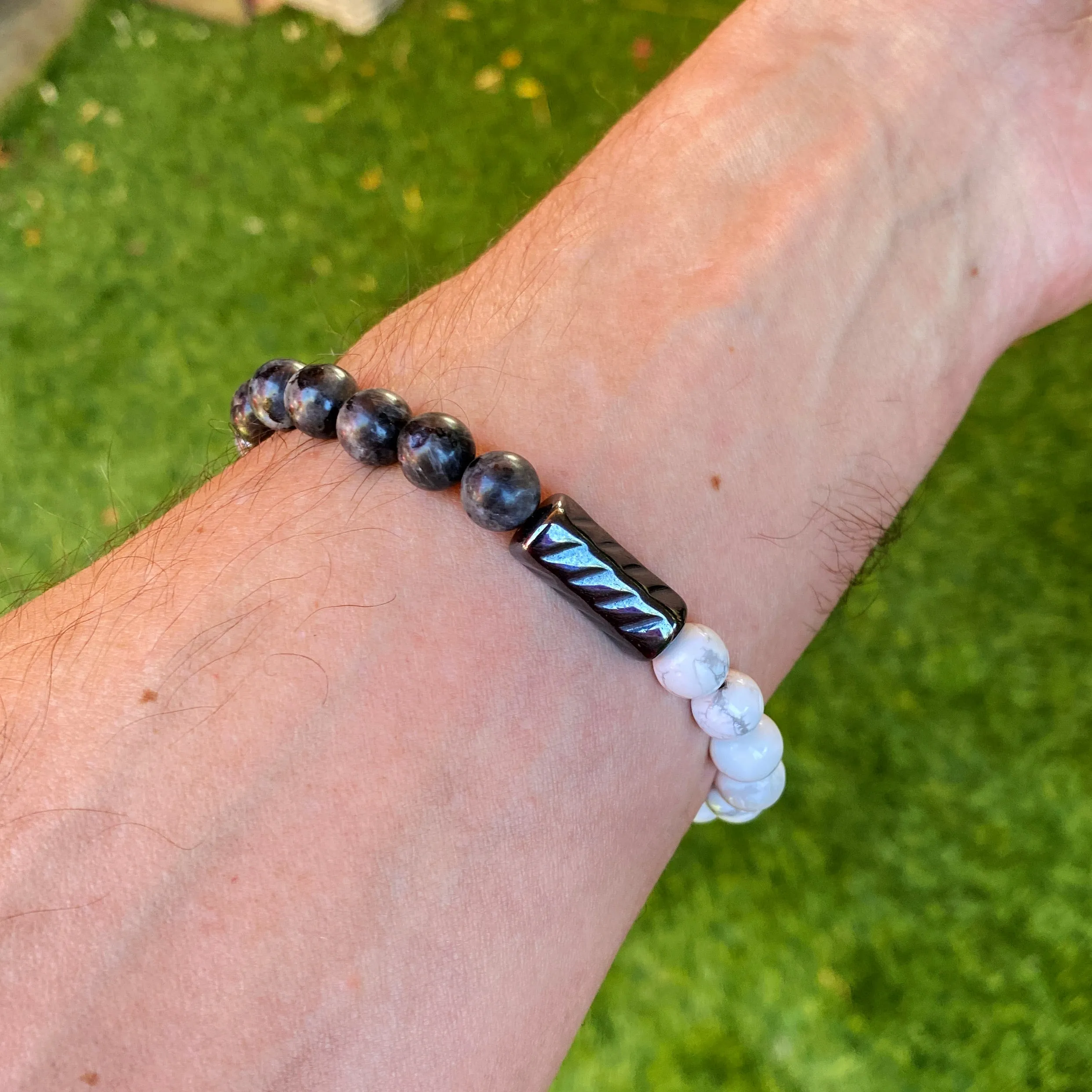 Men’s Black Labradorite, Hematite and Howlite Balance gemstone bracelet
