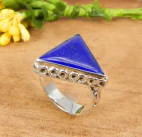 Natural Afghani Lapis Lazuli Gemstone Designer Band Statement Ring