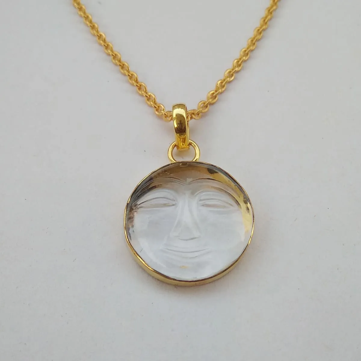 Natural Crystal Quartz Healing Stone Gold Plated Moon Face Pendant