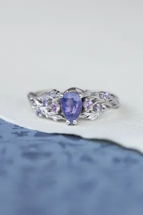 Nature inspired opalescent purple sapphire engagement ring, gold vines and leaves ring with sapphires / Japanese Maple