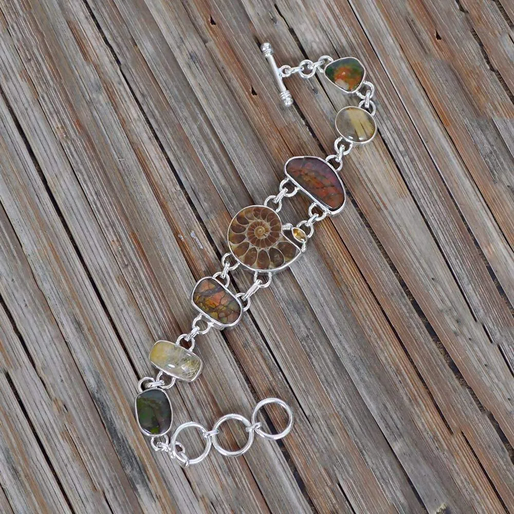 Newest And Unique Design! Real Ammolite And Ammonite Multi Gemstone Sterling Silver Birthstone Bracelet Jewelry
