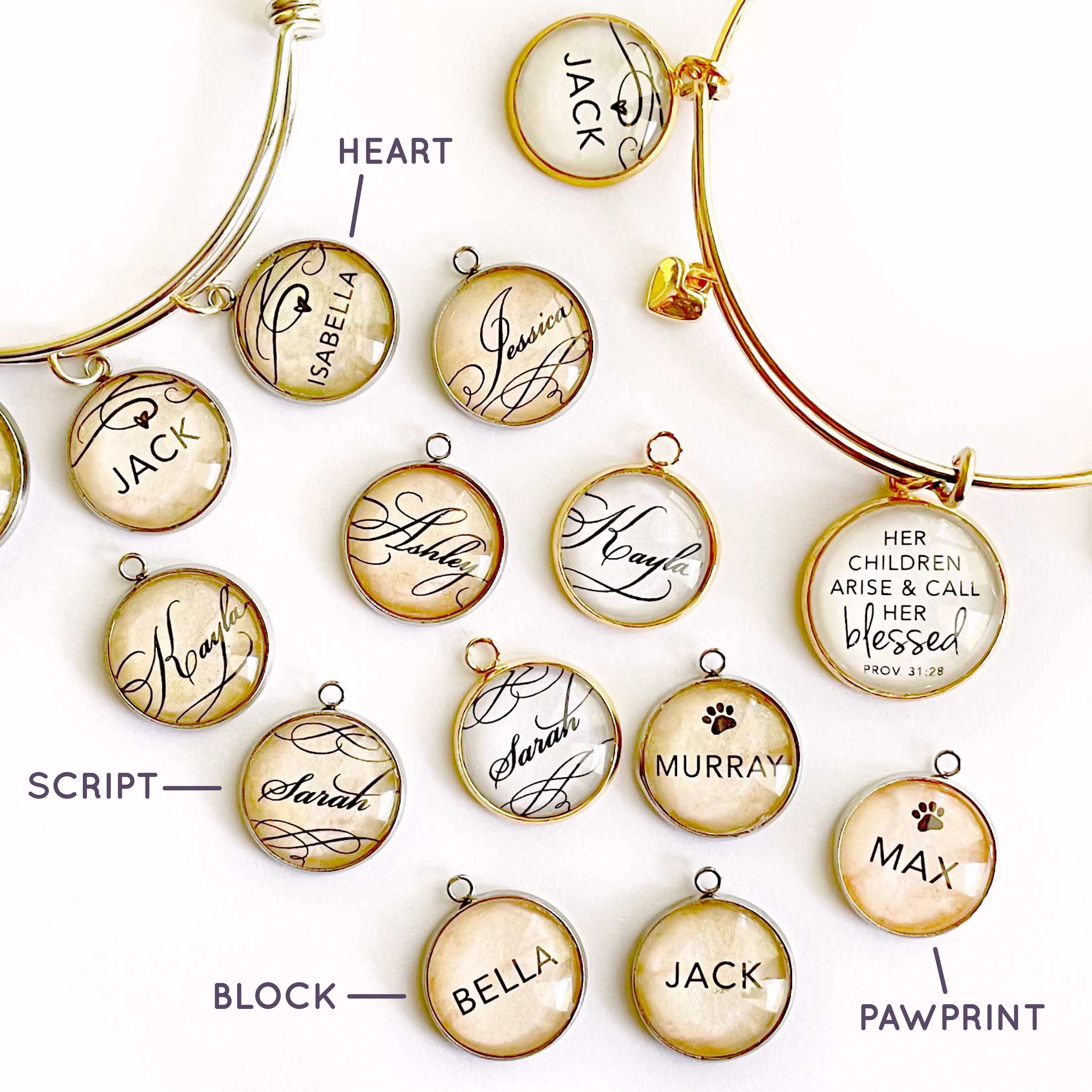 Personalized Name Glass Jewelry Making Charm, 16mm, Silver, Gold - Bulk Personalized Charms