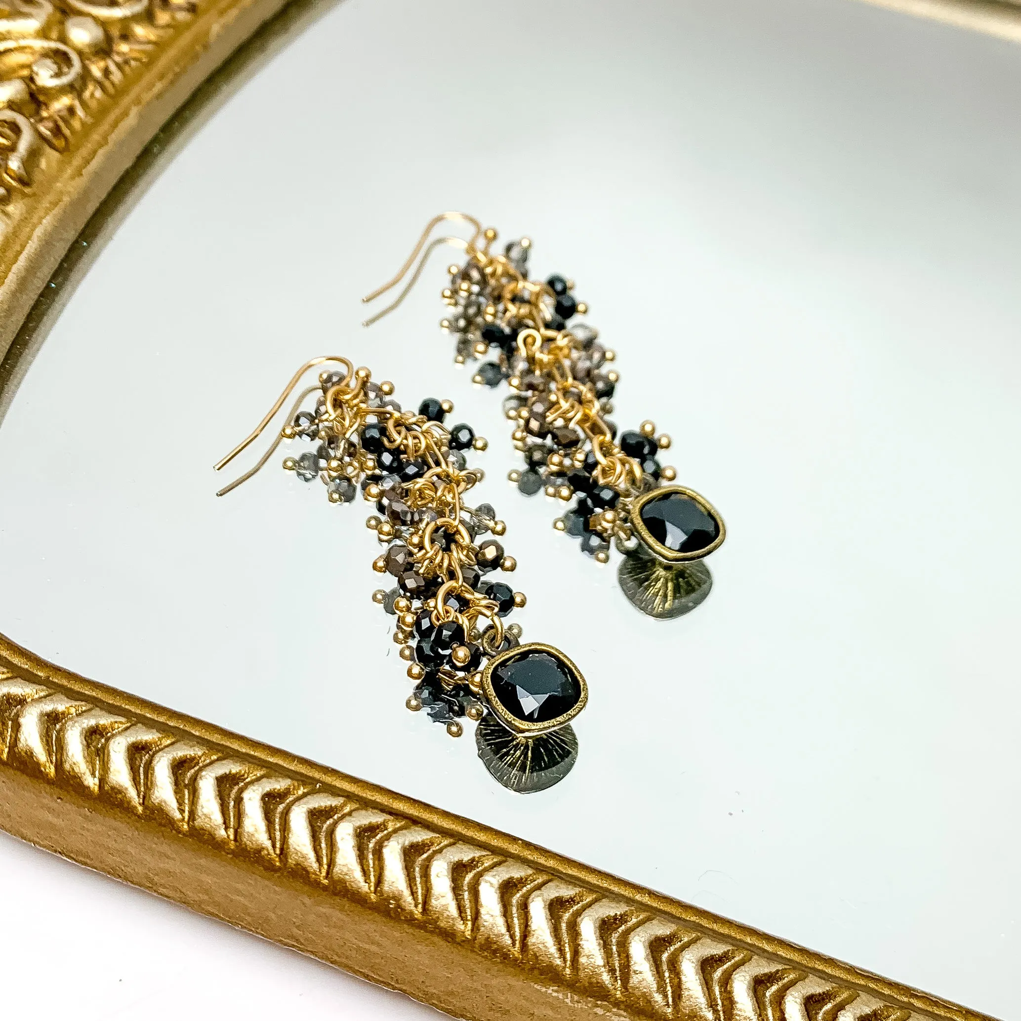 Pink Panache | Black Crystal Beaded Drop Earrings with Black Cushion Cut Crystal