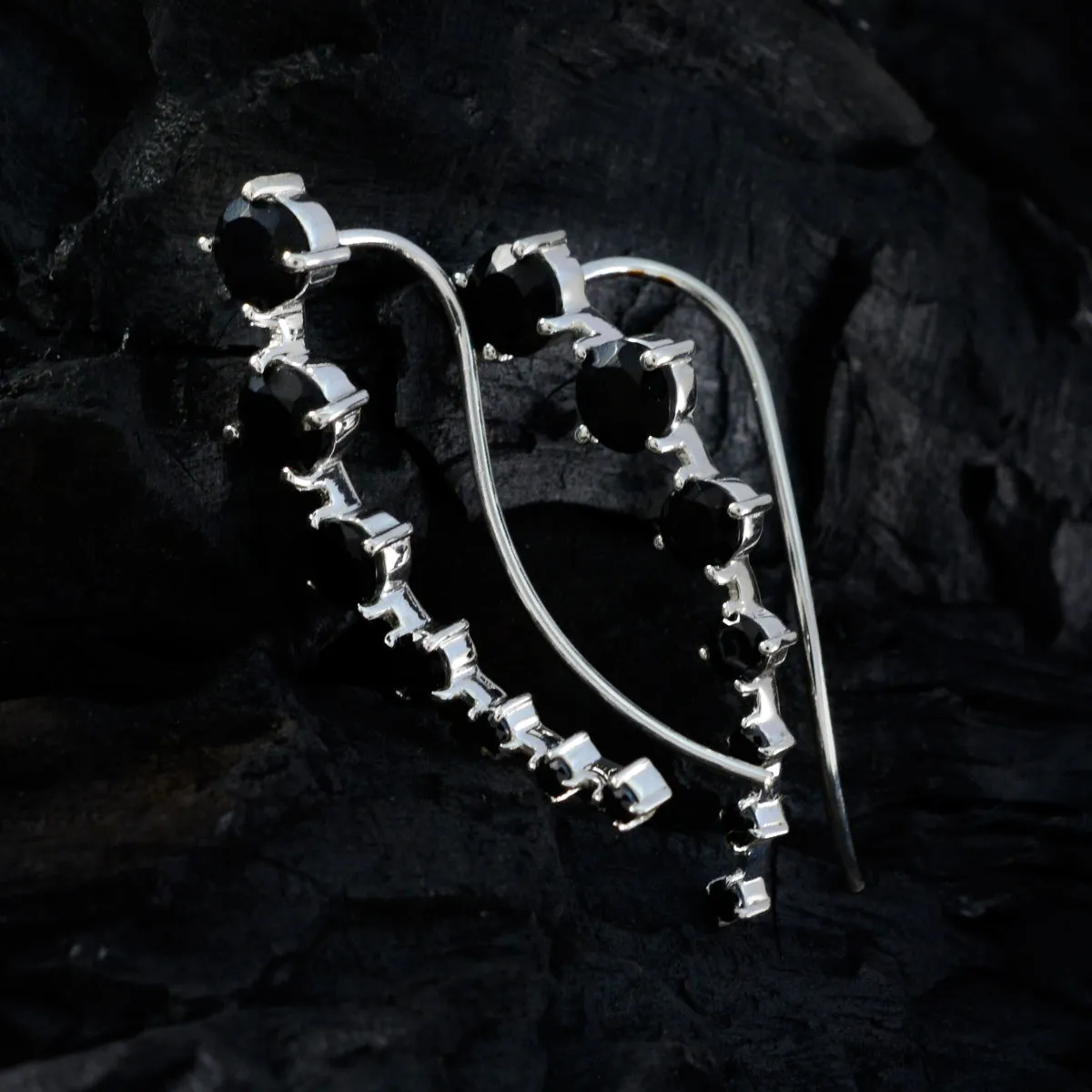 Riyo Bewitching Sterling Silver Earring For Girl Black Onyx Earring Bezel Setting Black Earring Ear Cuff Earring