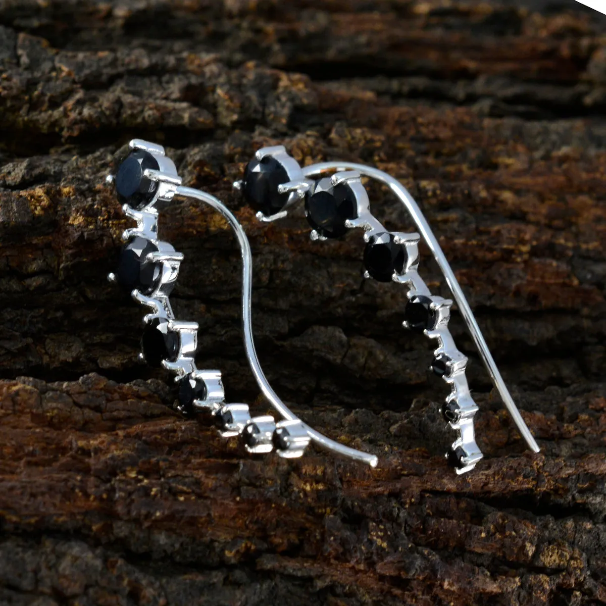 Riyo Bewitching Sterling Silver Earring For Girl Black Onyx Earring Bezel Setting Black Earring Ear Cuff Earring