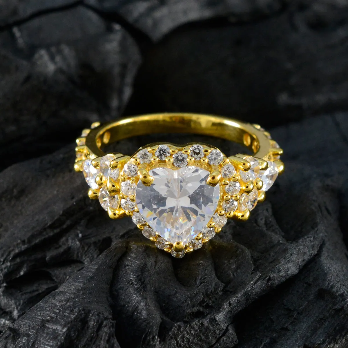 Riyo Classical Silver Ring With Yellow Gold Plating White CZ Stone Heart Shape Prong Setting  Jewelry Engagement Ring