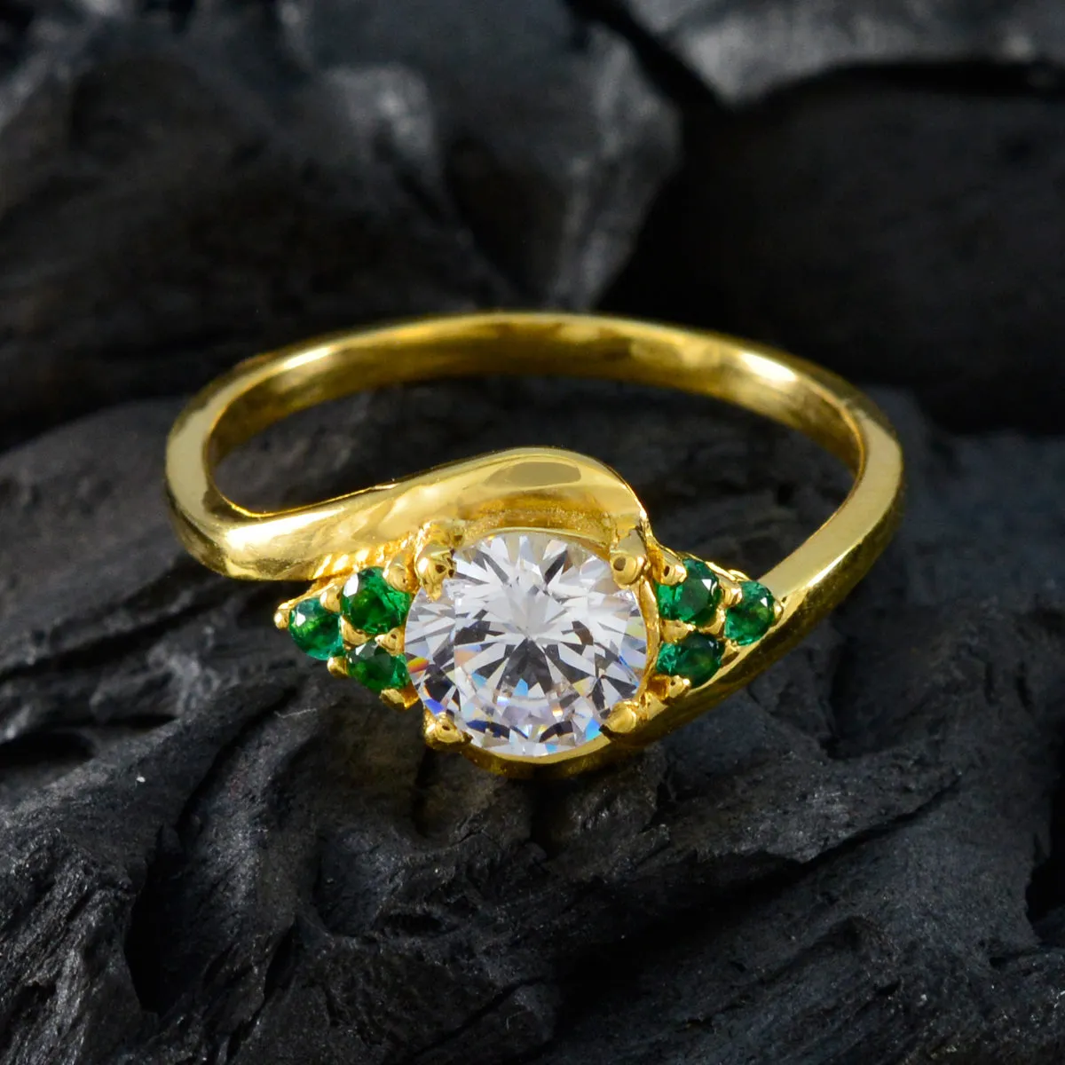 Riyo Custom Silver Ring With Yellow Gold Plating Emerald CZ Stone Round Shape Prong Setting Bridal Jewelry Graduation Ring