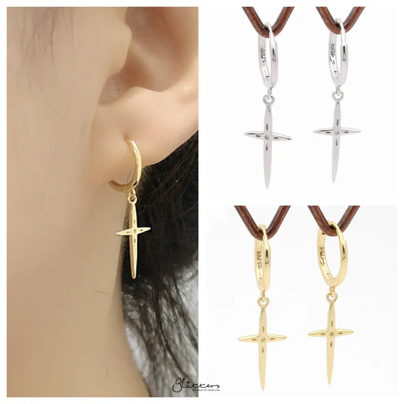 Sterling Silver Cross Charm Huggie Hoop Earrings - Gold