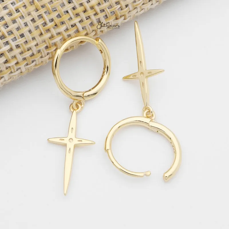 Sterling Silver Cross Charm Huggie Hoop Earrings - Gold