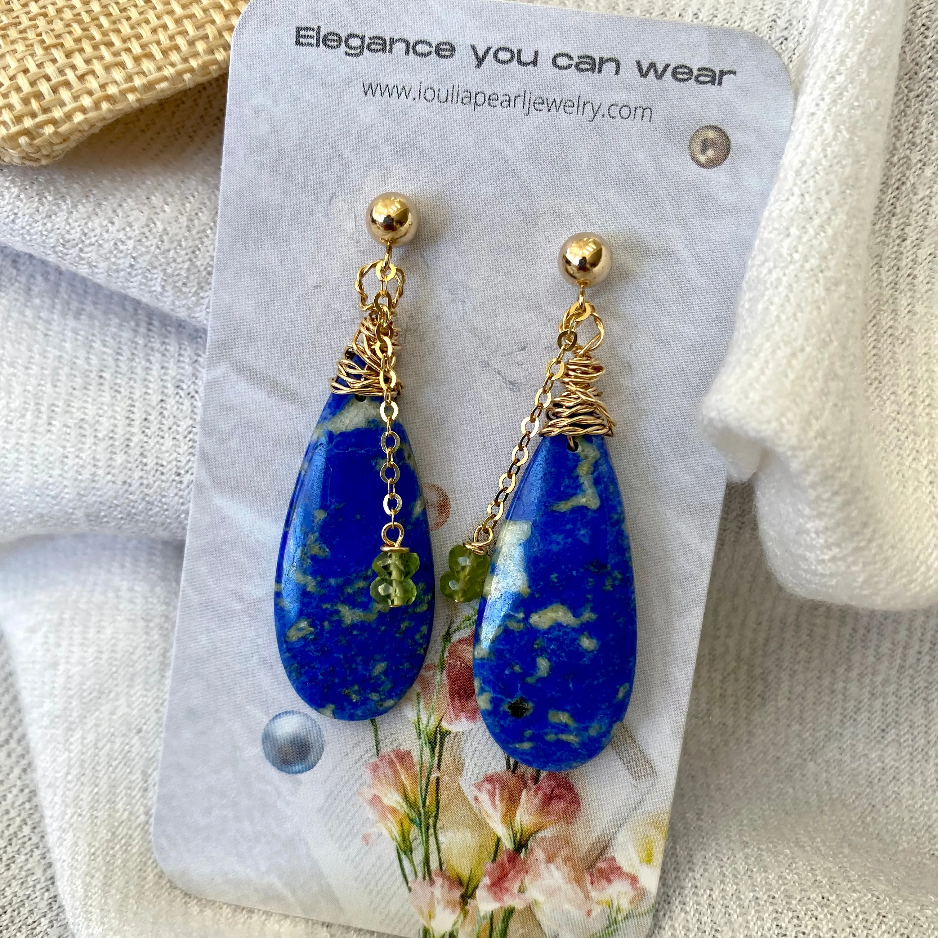 Teardrop Lapis Lazuli and Peridot Earrings, Gold Filled, OOAK Jewelry